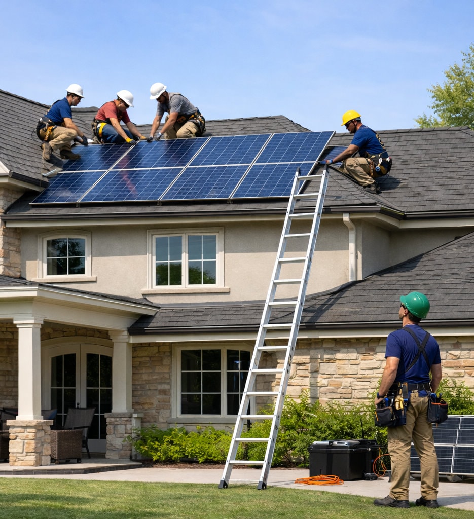 Workers installing solar panels on the roof of a suburban home.