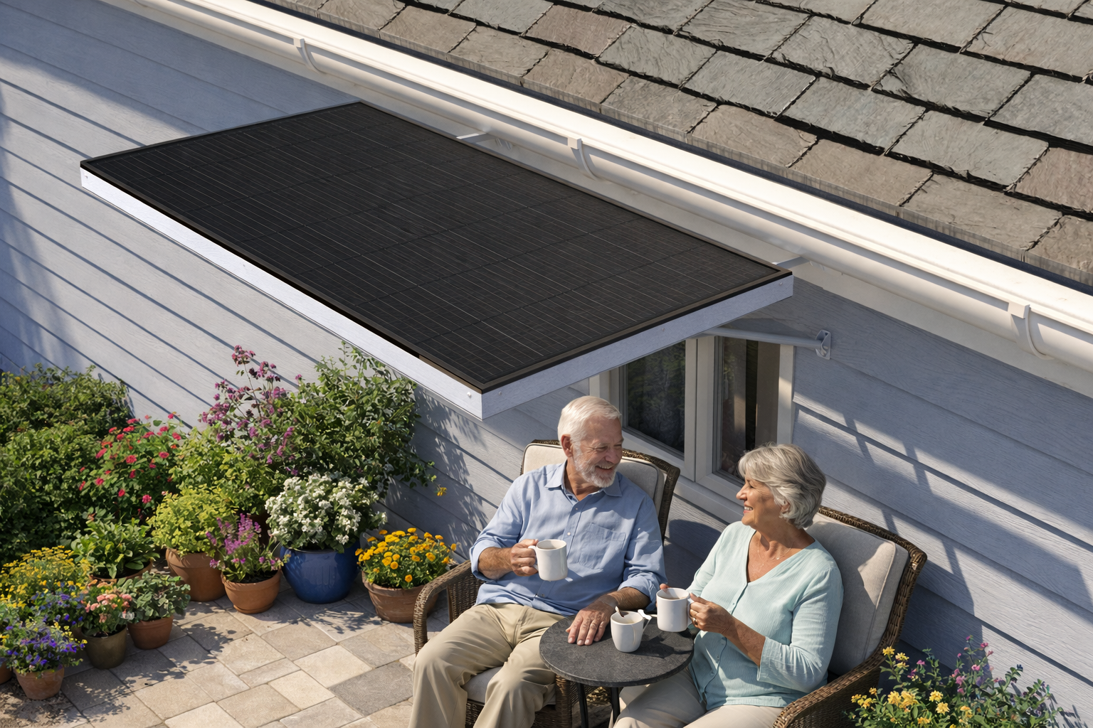A couple sitting underneath a PowerGrab solar panel.