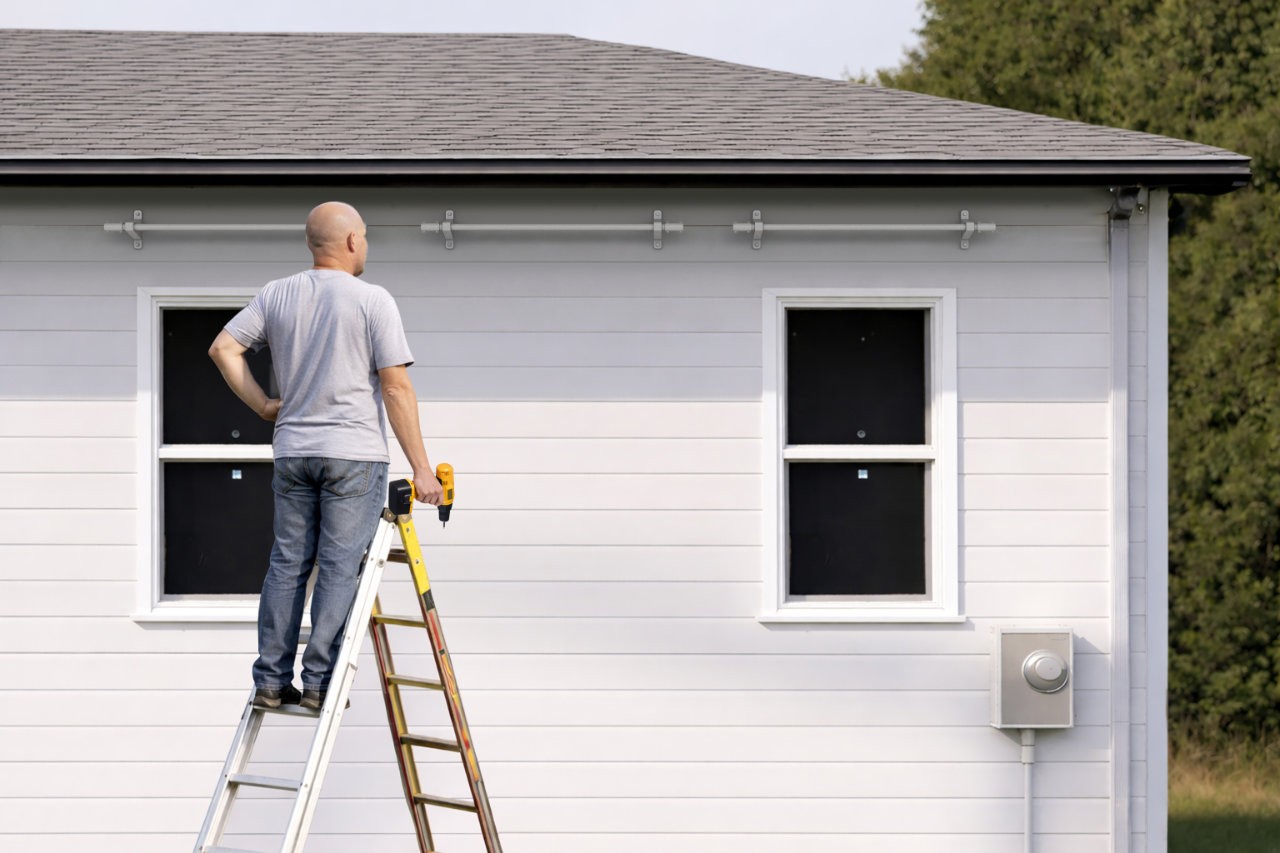 A man on a ladder after having installed three header rails.