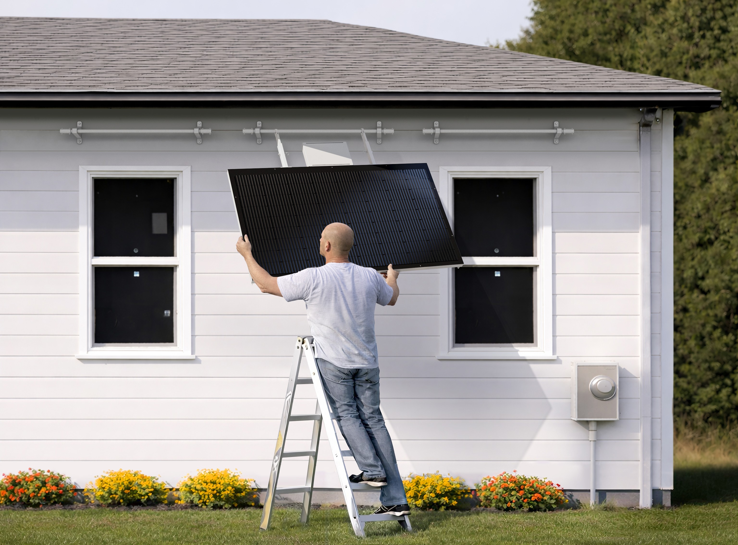 A man attaching the panel to the header rail.