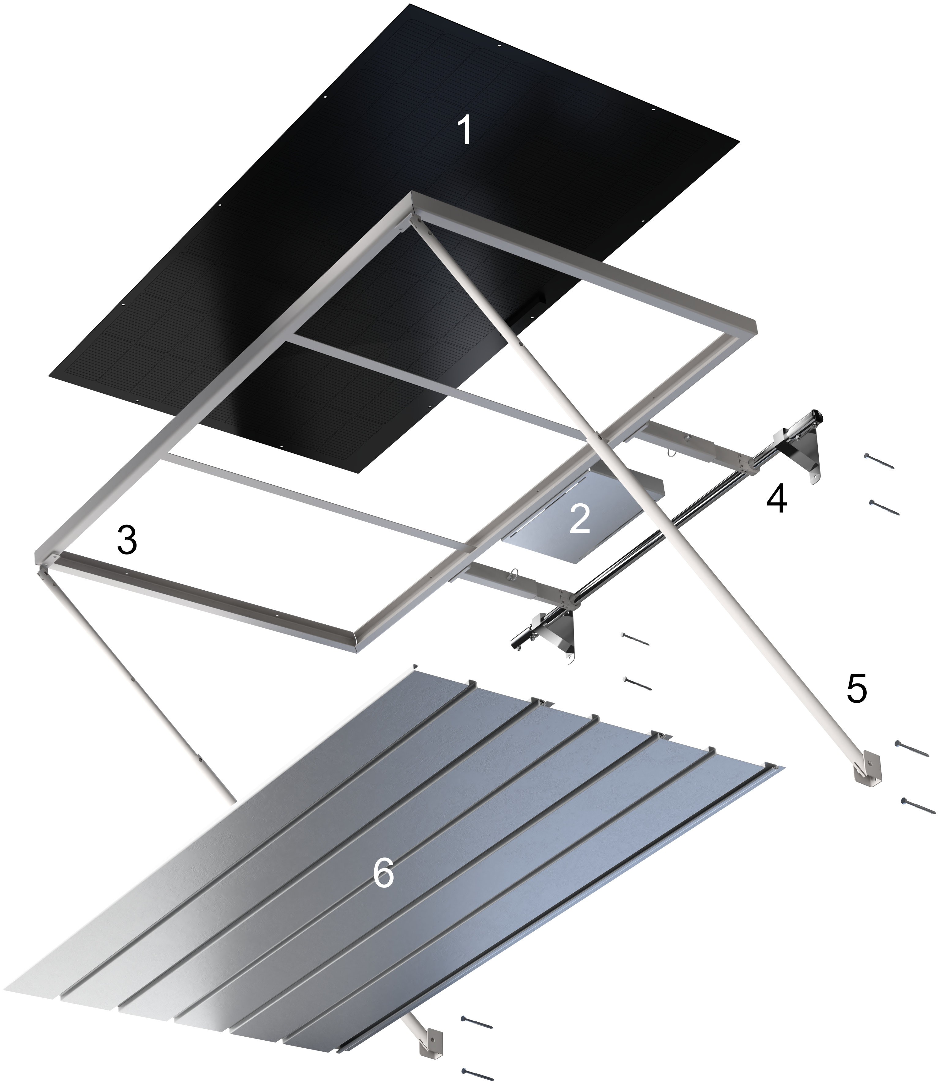 Explosive view of the PowerGrab solar panel with six main parts.